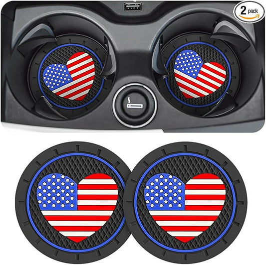 AUCELI 2 Pack Car Cup Holder Coasters, Colored American Flag US Flag Insert Car Cup Coaster, 2.75 Inch Anti Slip Shockproof Embedded Drink Mat, Vehicle Interior Decor Accessories