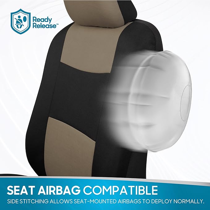 BDK PolyPro Seat Covers Full Set in Beige on Black – Front and Rear Split Bench Seat Covers for Cars, Easy to Install , Car Accessories for Auto Trucks Van SUV