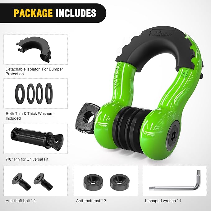 Nilight 3/4 inch D Ring Shackle 2 Pack 19T (41,887 lbs) Break Strength 4.75T WLL Heavy Duty Towing Hook with Anti-Theft System Anti-Rattle Isolators for Truck Jeep SUV ATV UTV Recovery Green