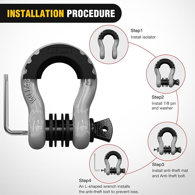Nilight 3/4 inch D Ring Shackle 2 Pack 19T (41,887 lbs) Break Strength 4.75T WLL Heavy Duty Towing Hook with Anti-Theft System Anti-Rattle Isolators for Truck Jeep SUV ATV UTV Recovery Grey