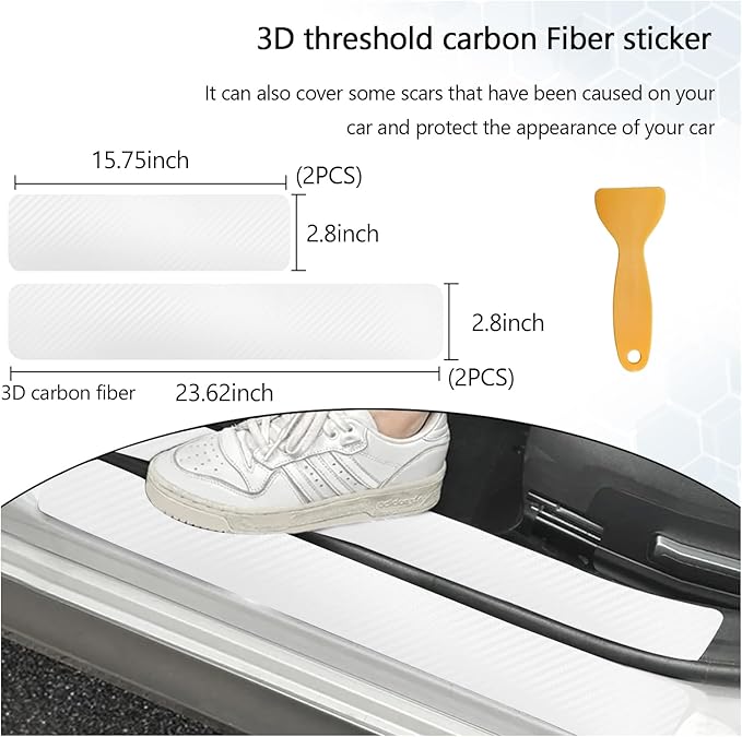 Dickno 4 PCS Car Door Sill Protector, 3D Carbon Fiber Auto Door Entry Edge Guard Protection Trim, Anti-Scratch Threshold Cover Strips, Sill Protection Sticker for Car SUV Truck (White)