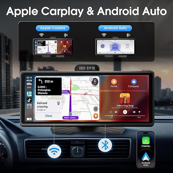 Haudio Wireless Carplay Screen for Car, 10.26" Portable Car Radio with Apple CarPlay & Android Auto, Backup Camera/Mirror Link/GPS/BT/Voice Control/AUX/FM Satellite Radio for All Vehicles