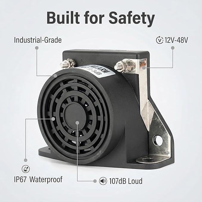 LINGYAO Backup Alarm for Trucks 12V-48V DC 107dB, Heavy-Duty Reverse Warning Beeper with Stainless Bracket, IP67 Waterproof OSHA Compliant for Commercial Vehicles Semi Truck, Forklift, RV, Van
