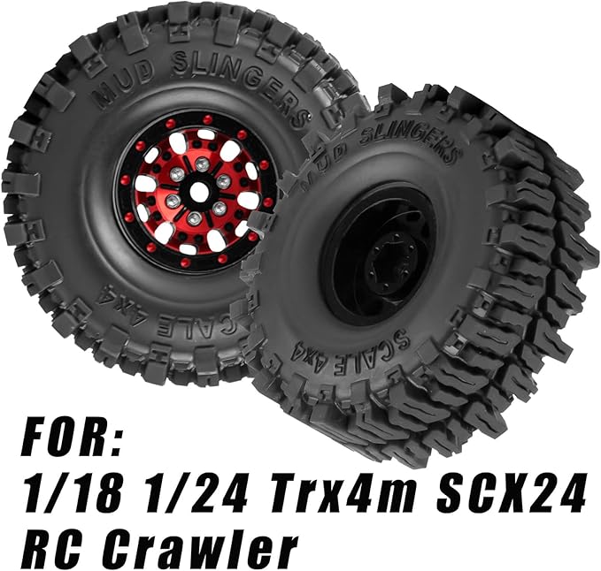 1.0 RC Wheels RC Truck Tires for 1/18 1/24 TRX4M,SCX24,FCX24 RC Crawler,Alloy 1.0‘’ Beadlock RC Truck Tires RC Wheels (4pcs Red)