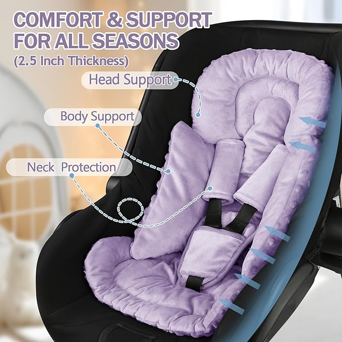 Infant Car Seat Insert Boy Girl, 3 in 1 Newborn Carseat Insert with Strap Pads, Car Seat Head Support for Baby Strollers, Swings, and Bouncers, Comfortable and Machine Washable, Purple