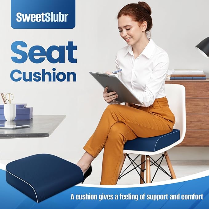 SweetSlubr Seat Cushion for Tailbone Pain Relief, Office Chair Cushion, Memory Foam Large Chair Cushion with Non-Slip Cover for Soft Support at Office Chair, Car Seat, Airplane Dark Blue/X-Large