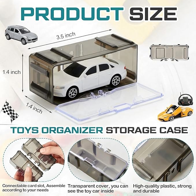Marsui 144 Pcs 1/64 Scale Toy Cars Organizer Storage Case Clear Individual Toy Car Display Case1.4 x 1.4 x 3.5 Inches (Black Gray)