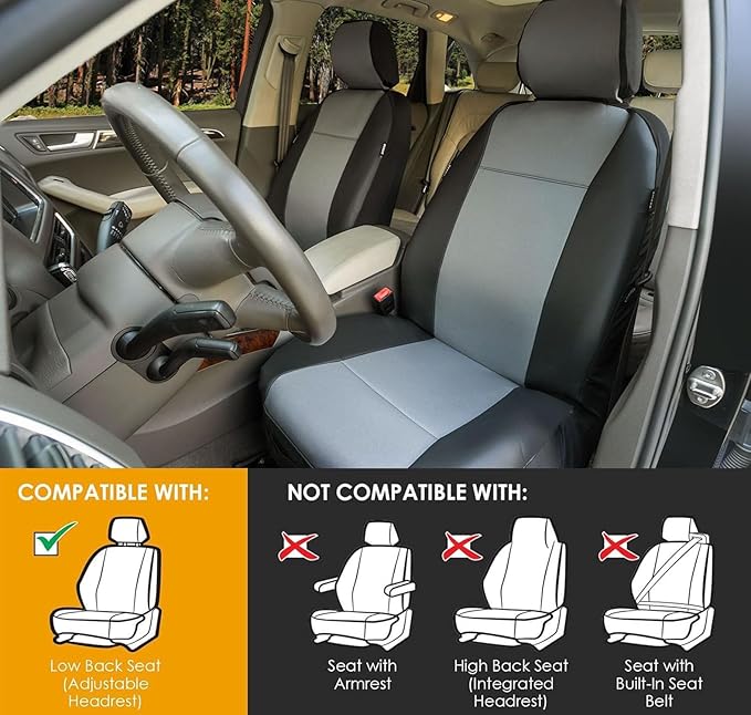 LPI Truck Heavy Duty Car Seat Covers for Front Seats; Fits Sedans and SUVs, Includes Front and Rear Storage Pockets, Built-in Molle Style Organizer; Semi-Custom Fit; Black/Grey, 2pcs