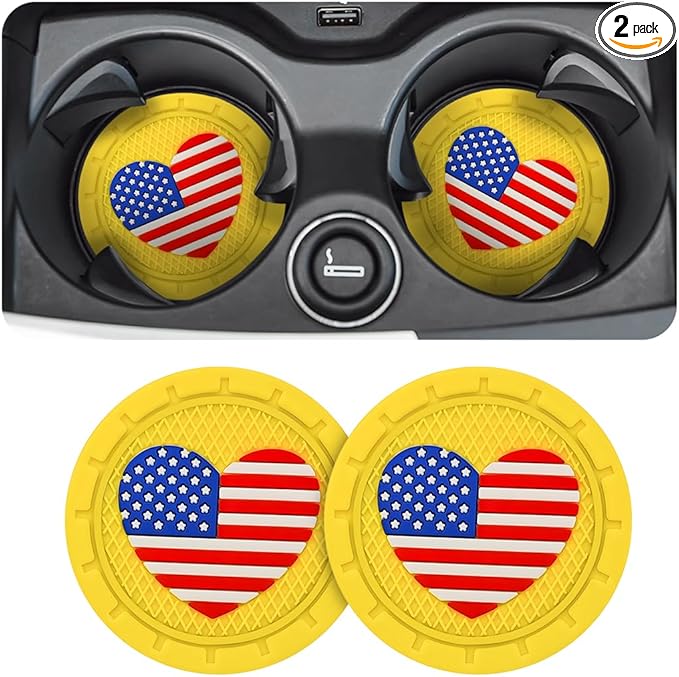 AUCELI 2 Pack Car Cup Holder Coasters, Colored American Flag US Flag Insert Car Cup Coaster, 2.75 Inch Anti Slip Shockproof Embedded Drink Mat, Vehicle Interior Decor Accessories