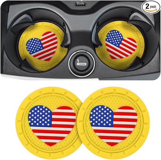 AUCELI 2 Pack Car Cup Holder Coasters, Colored American Flag US Flag Insert Car Cup Coaster, 2.75 Inch Anti Slip Shockproof Embedded Drink Mat, Vehicle Interior Decor Accessories