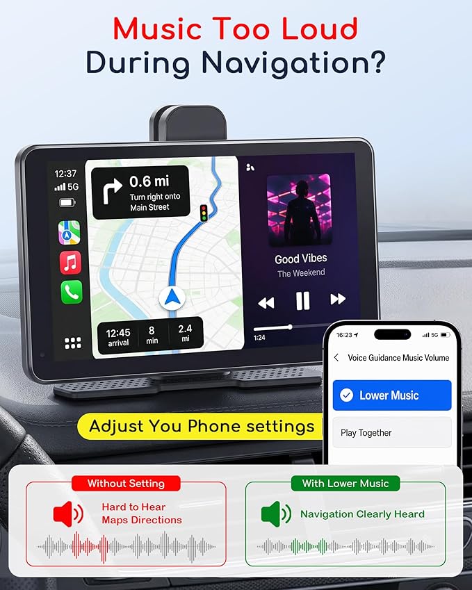 Plug & Play 7" Portable Wireless CarPlay Screen: Supports Apple CarPlay & Android Auto - 1080P Night Vision Backup Camera & 2.5K Dash Cam - Voice Control for Maps & Calls - Upgrade for Older Cars