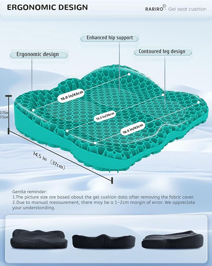 Gel Seat Cushion for Long Sitting(Enlarged & Thickened), Cooling Pressure Relief Seat Cushion for Wheelchair, Driving, Kayak, Office Desk Chair Seat Pad Gel for Heavy People[Green-2.75" Thick]