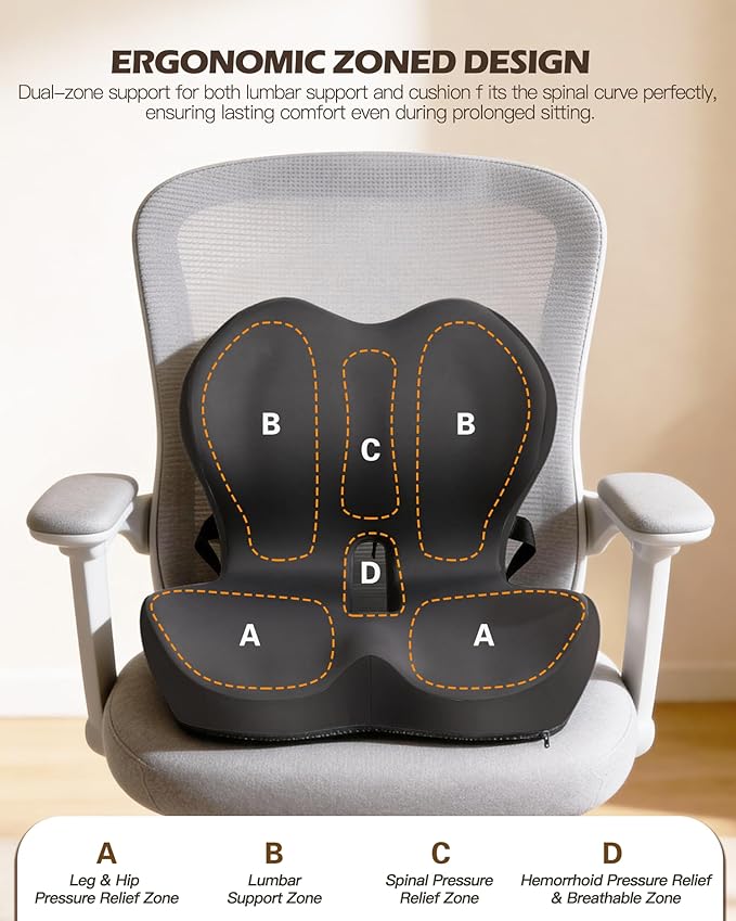 Office Chair Cushion for Tailbone & Low Back Pain Relief, Car and Truck Seat Cushion, Comfortable Foam and High Backrest, Suitable for Office Chairs, Cars, Trucks, and Home Chairs (Gray)