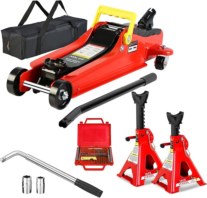 5 Piece Car Truck Floor Jack Service with Jack Stands Tire Repair Kit for Garages, Automotive,Repair Shops and DIY, 2 Ton 4,000 lbs, Lifting Range 3.3" - 15.2", Heavy Duty Steel, Red