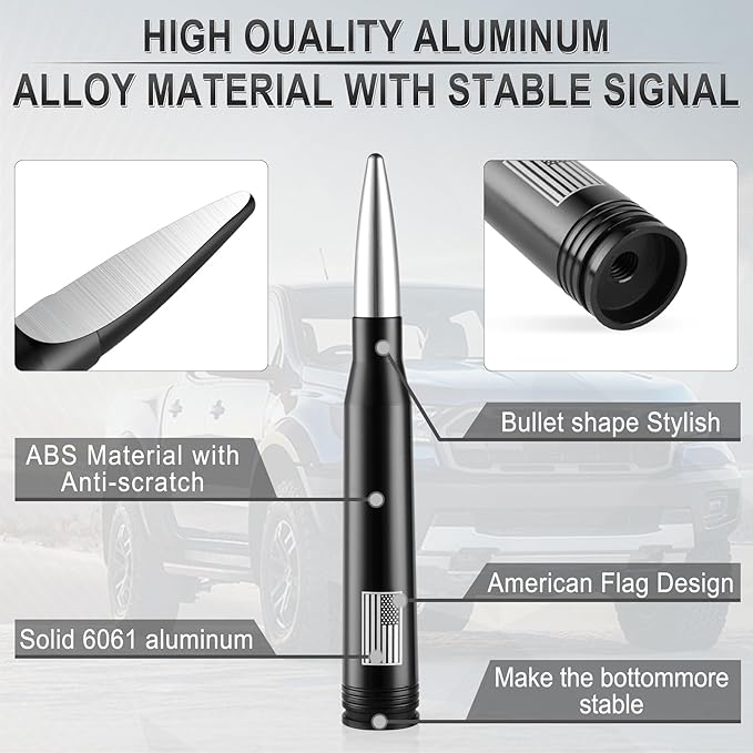 BJSIA American Flag Antenna for Truck with Valve Stem Caps - Universal Compatible with Ford, Dodge, Chevrolet, GMC, Jeep, Toyota Truck Car Accessories, Heavy Duty Pickup Trucks Accessories - Silver