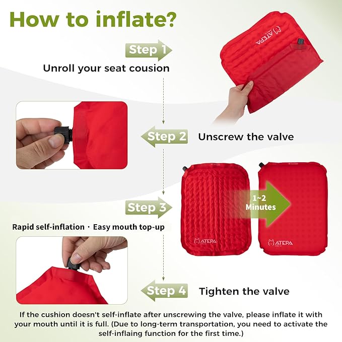 ATEPA Inflatable Seat Cushion, Compact Self-Inflating Seat Cushion for Stadium Airplane Air Travel Bleacher Camping, Blow Up Foam Seat Pad for Outdoor Sports Events Backpacking Hiking Sitting