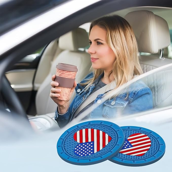 AUCELI 4 Pack Car Cup Holder Coasters, Colored American Flag US Flag Insert Car Cup Coaster, 2.75 Inch Anti Slip Shockproof Embedded Drink Mat, Vehicle Interior Decor Accessories