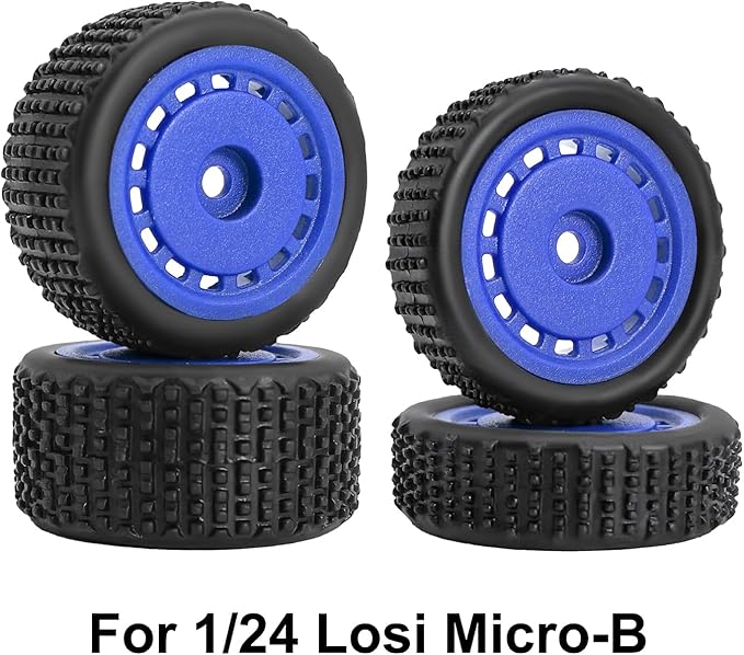 Pre-Mounted Pin Buggy Tires and Wheels Rims Hub Tires Set for 1/24 Losi Micro-B 1/28 Losi Micro-T Wltoys 244016 Upgrade Part (Blue Micro-B)