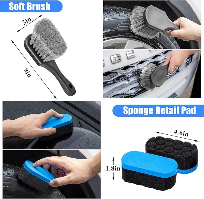 Car Detailing Kit, Car Detailing Brush Set, Bendable Car Wheel Rim Cleaner Brush Set, Car Detailing Brushes, Car Wash Cleaning Tools Kit for Interior, Exterior, Wheels, Blue