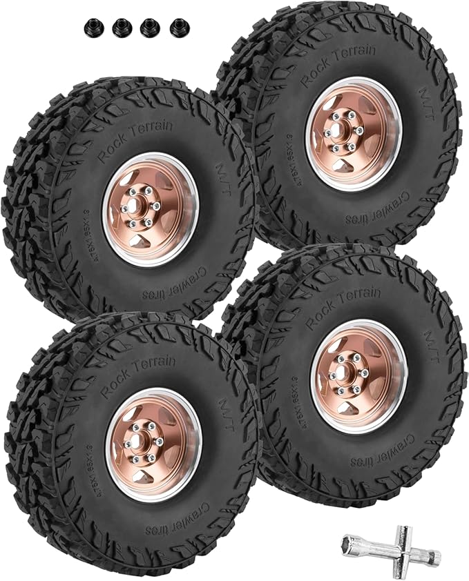 RC Alloy 1.9" Beadlock Wheels and Tires for 1/10 RC Crawler TRX4 SCX10 SCX10 III 90046 D90,1.9 RC Wheels and Tires 1.9 Beadlock Tires RC Rims,4 Packs,Brown