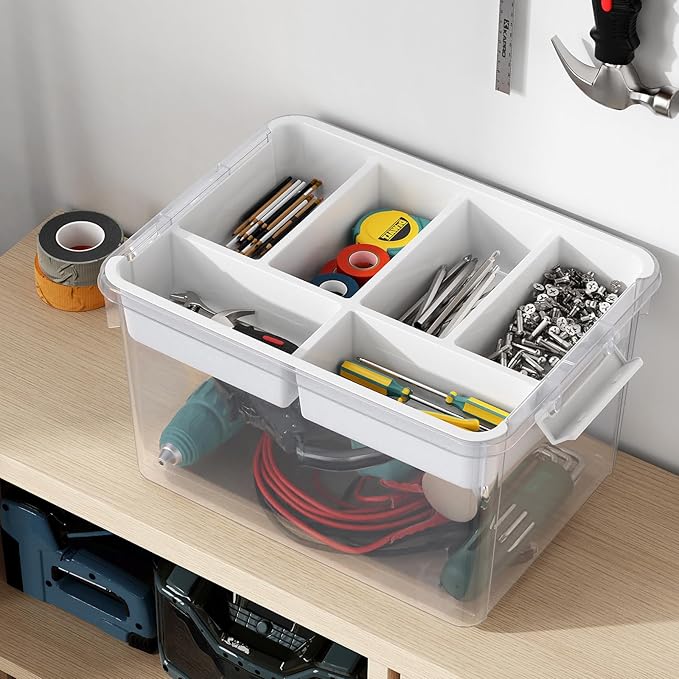 40Qt Large Stackable Storage Bin with Lid & Tray, Clear Plastic Latching Box Organizer with Divider Portable 10Gal Container for Arts & Crafts, Home and Car Trunk Organization, 1Pack