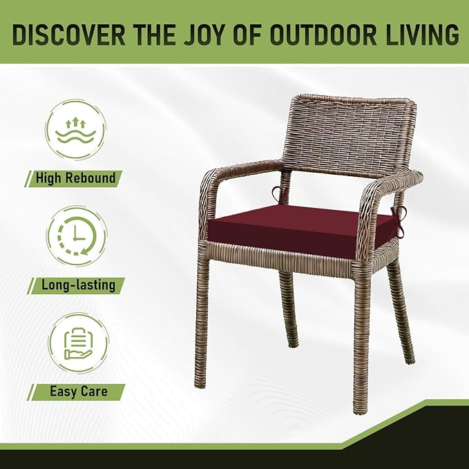Basic Beyond Outdoor Chair Cushions Set of 2, Square Corner Outdoor Cushions for Patio Furniture, Water Resistant Patio Chair Cushions with 2 Ties, 18.5x16x3, Burgundy