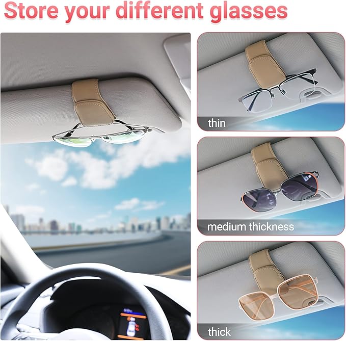 KanSmart Sunglass Holder for Car Visor Sunglasses Clip Magnetic Leather Glasses Eyeglass Holder Interior Car Accessories for Woman Man - 2 Packs Beige