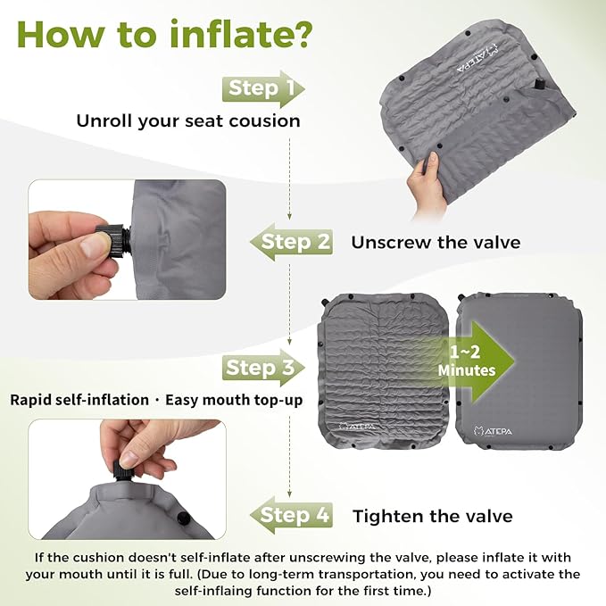 ATEPA Inflatable Seat Cushion, Compact Self-Inflating Seat Cushion for Stadium Airplane Air Travel Bleacher Camping, Blow Up Foam Seat Pad for Outdoor Sports Events Backpacking Hiking Sitting