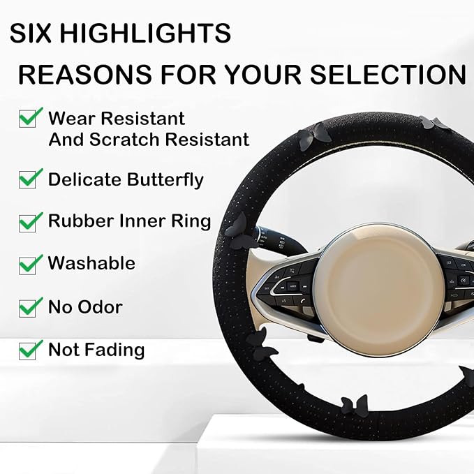 Butterfly Embroidery Steering Wheel Cover, Cute Mesh Fabric Steering Wheel Cover for Women, 14.5-15 Inch Non-Slip Breathable Microfiber Car Steering Wheel Protector