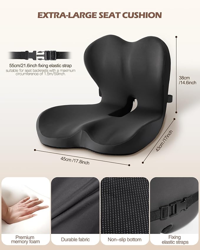 Office Chair Cushion for Tailbone & Low Back Pain Relief, Car and Truck Seat Cushion, Comfortable Foam and High Backrest, Suitable for Office Chairs, Cars, Trucks, and Home Chairs (Gray)
