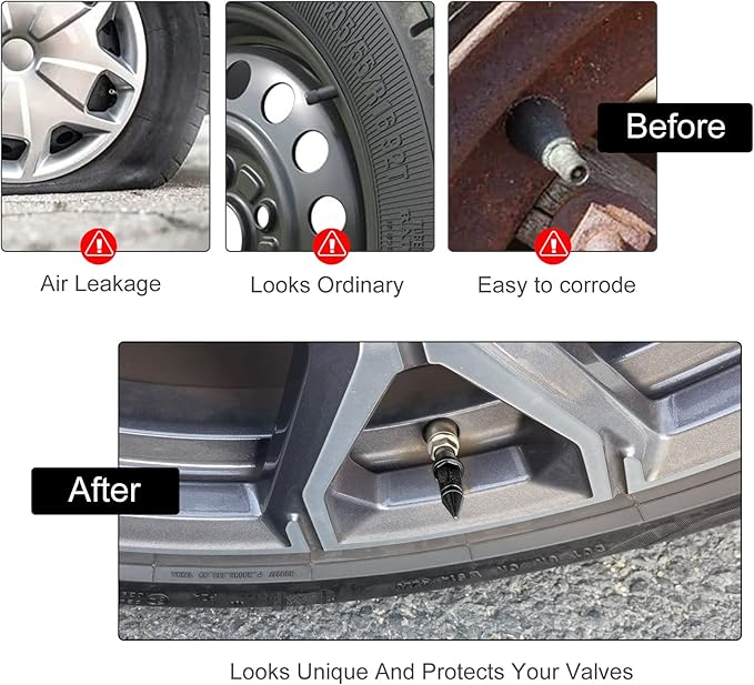 SINGARO 45mm Spiked Aluminum Stem Valve Caps,4PCS Dustproof Tire Wheel Stem Caps for Cars,SUVs,Trucks Bicycles and Motorcycles(Black)
