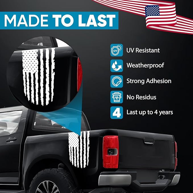 GRITKULTURE Distressed American Flag Vinyl Decal 17 inches by 9 inches for Trucks, Cars, and Windows Compatible with Most Pickup- Rear Graphic USA, US Flag Car Sticker (White)