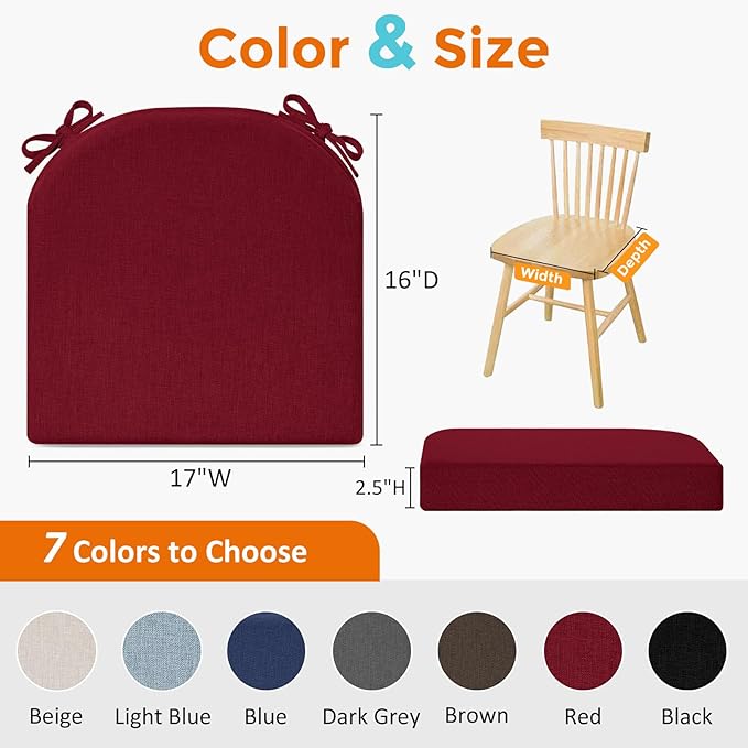 downluxe Chair Cushions for Dining Chairs, Memory Foam Linen Kitchen Chair Pads with Ties, Waterproof, Stain-Resistant and Washable Cover, 17" x 16" x 2.5", Red, 4 Pack