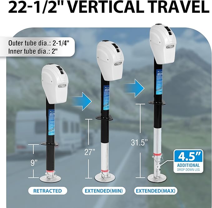 POLESTAR Electric Trailer Jack 5000lbs, A-Frame RV Electric Power Tongue Jack with Waterproof Protective Cover & LED Light, Electric Jacks for Travel Trailers Camper, RV, 12V DC, White, 22.5" Lift