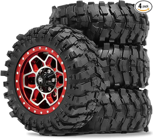 REDSPIDER Metal 1.9'' Beadlock Wheels and Crawler Tires OD 88MM/3.46'' (4PCS) for 1/12 RC Crawler MJX H12Y+ MN-128 MN82S LC79 ﻿ (Red)