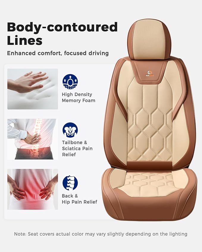 Huidasource Seat Covers Full Set, Universal Fit for Most Cars SUVs Trucks, Full Coverage Leather Seat Cover, Airbag, Cupholder Compatible, Seat Function Retain, Easy Install with Velcro, Brown&Beige