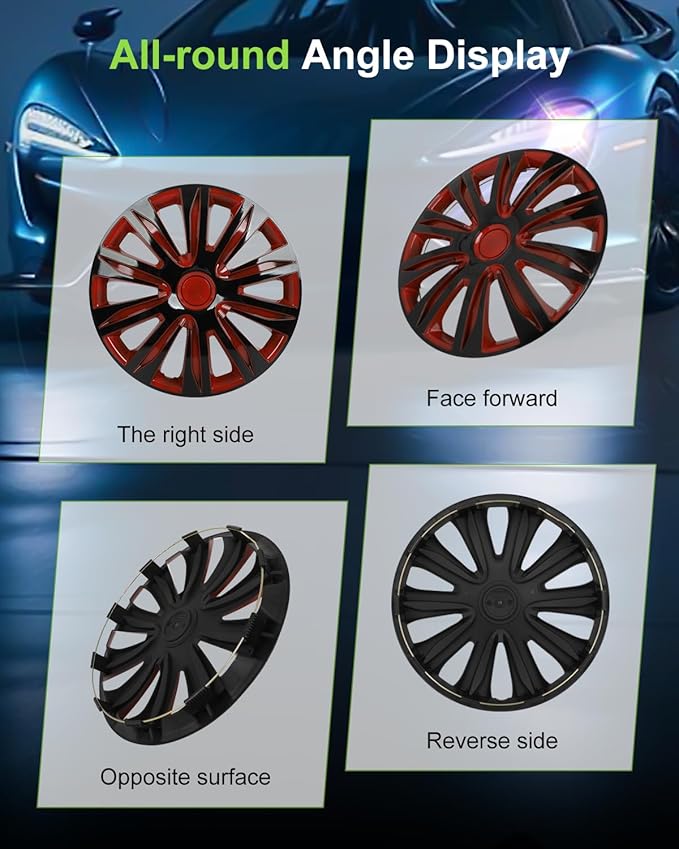 SCITOO 4-Pack 16 Inch Hubcaps Black & Red Wheel Cover Hubcaps for Cars