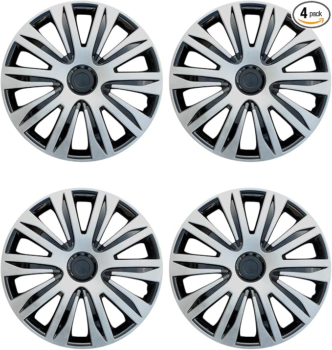 ABX Hubcaps,15 inch hubcaps Set of 4, Wheel Rim Cover ABS Material, Snap On Car Truck SUV Replacement, for Toyota Camry Nissan Mazda etc, Black&Silver