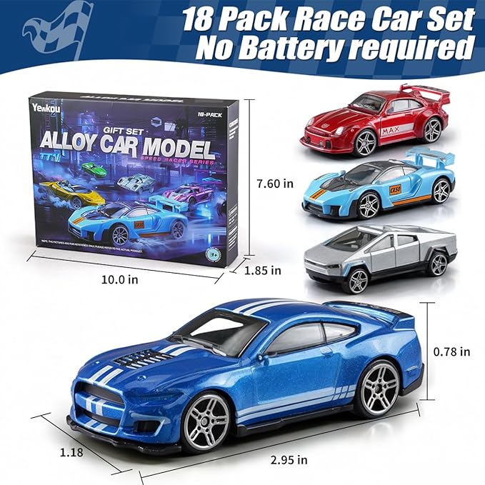 Toys Cars 18-Pack, 1:64 Scale Die-Cast Metal Vehicles Set, Includes Pickup, Racing Cars,Sports Cars for Display or Play, Great Gift for Kids Age 3 Years and Up (18 Pack)