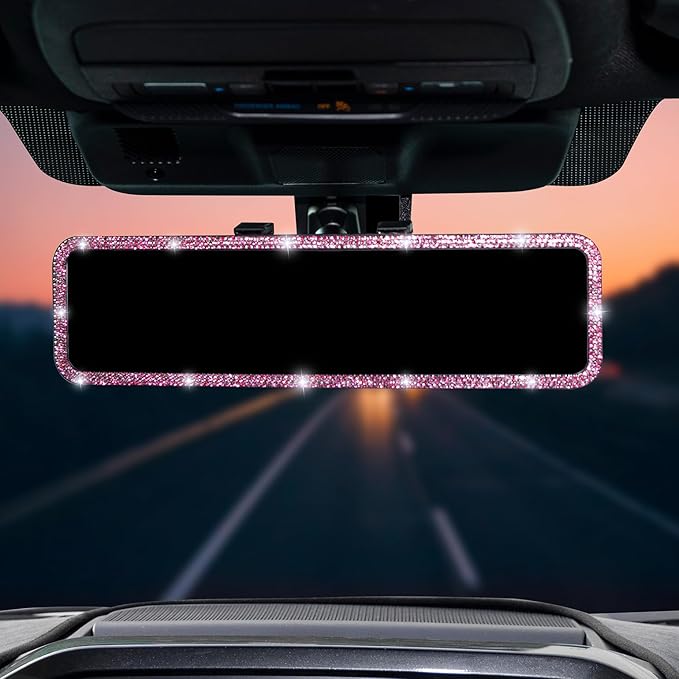 JOYTUTUS Rear View Mirror, Universal 12 Inch Panoramic Rearview Accessories with Bling Rhinestones Crystal Diamonds Edge, Interior Clip-on Wide Angle Rear View Mirror -Pink