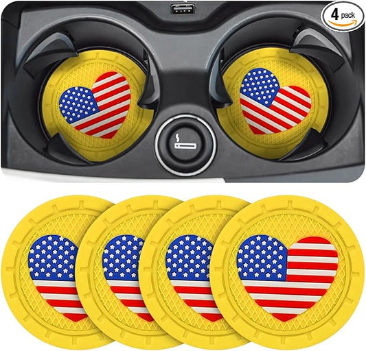 AUCELI 4 Pack Car Cup Holder Coasters, Colored American Flag US Flag Insert Car Cup Coaster, 2.75 Inch Anti Slip Shockproof Embedded Drink Mat, Vehicle Interior Decor Accessories
