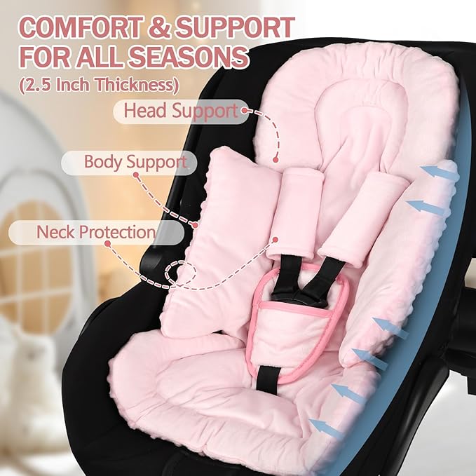 Infant Car Seat Insert Boy Girl, 3 in 1 Newborn Carseat Insert with Strap Pads,Car Seat Head Support for Baby Strollers, Swings, and Bouncers,Comfortable and Machine Washable, Pink
