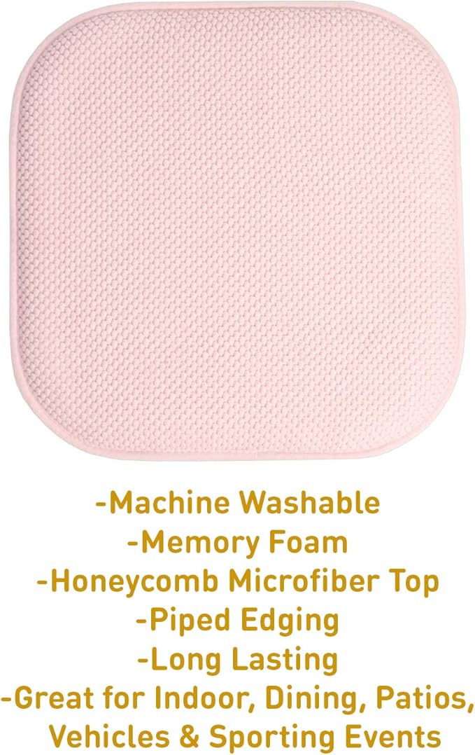 Sweet Home Collection Chair Cushion Memory Foam Pads Honeycomb Pattern Slip Non Skid Rubber Back Rounded Square 16" x 16" Seat Cover, 2 Pack, Pink