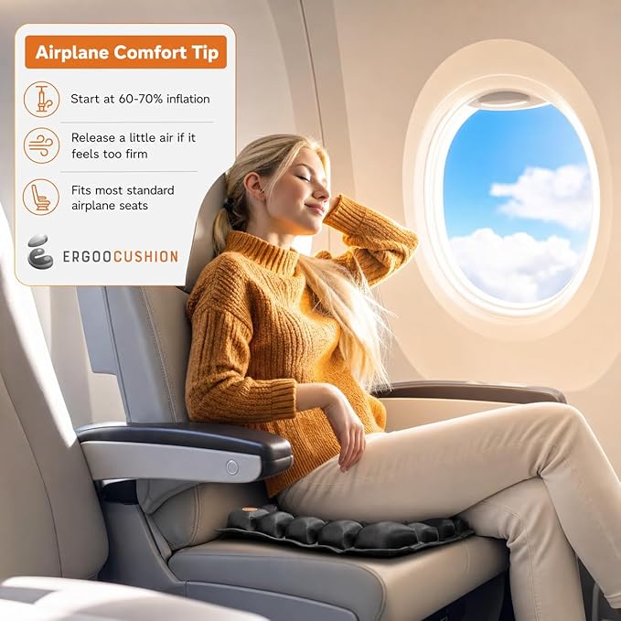 Inflatable Travel Seat Cushion with Built‑in Manual Pump, Adjustable Firmness & Compact Storage –Firm Support for Airplane, Car & Office Chairs, Generous 18x16, Carry Bag Included