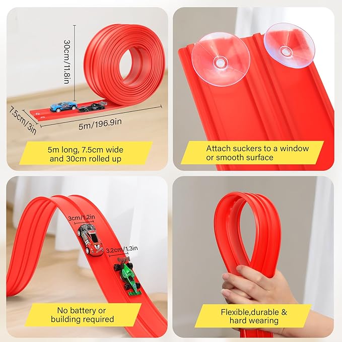 KETIEE Flex Tracks 16Ft for Kids: Flexible Race Car Ramp Track with 4 Small Racecars and 8 Suction Cups Compatible with Diecast 1/64th Cars, Rolls Up Portable Racetrack for Ages 3 & Up