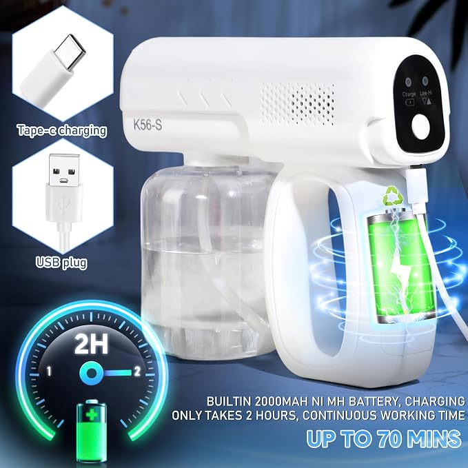 2 Pack Rechargeable Nano Spary Gun Wireless Disinfectant Fogger Machine Handheld Electric Sanitizer Atomizer Portable Barber Mist Sprayer Nano Steam Gun with Blue Light for Home Office Garden