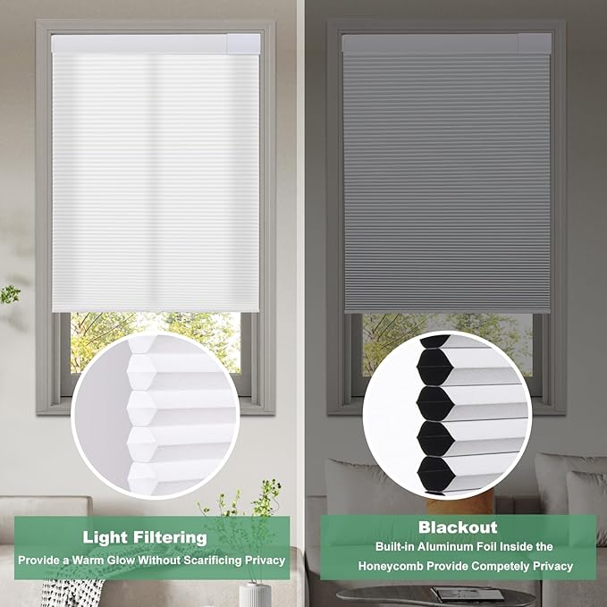 Tonature No Drill Cellular Shades for Indoor Windows, Thermal Insulating & Noise Reducing Honeycomb Blinds, Free Stop Cordless Blackout Shades, White, 27" W x 64" H