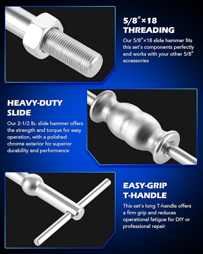 Orion Motor Tech Rear Axle Bearing Puller Tool Kit and Slide Hammer Set, Axle Seal and Bearing Remover Set with Slide Hammer Yoke and 3 Rear Axle Puller Adapters, 1-1/4" to 2-7/8" IDs