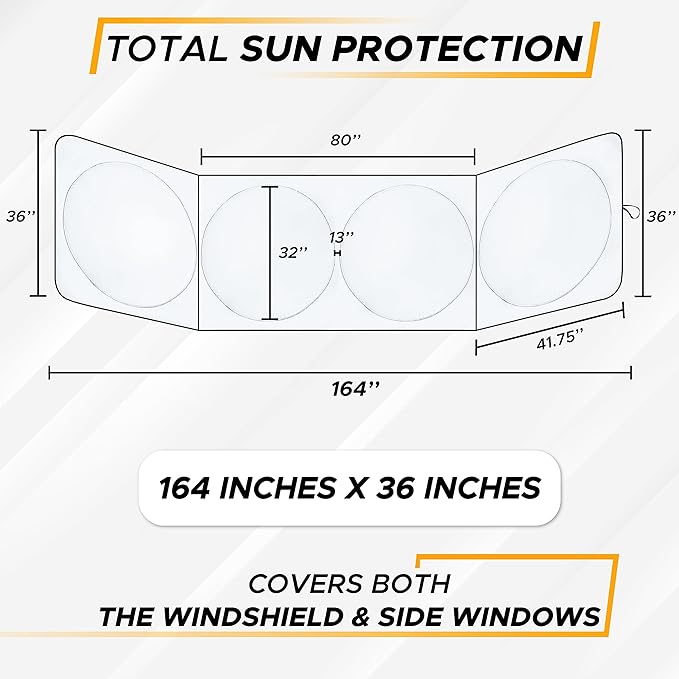 EcoNour Detachable Semi-Truck Sun Shade for Windshield and Side Windows | 500T Polyester Maximum Coverage to Block UV/Sun Heat Rays | Best for Semi, Commercial & Big Rig