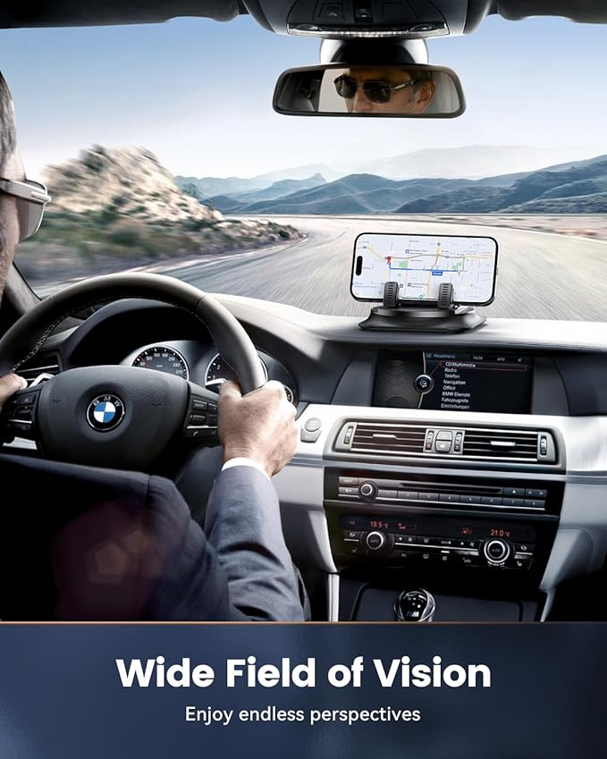 360 Degree Rotation Dashboard Phone Holder for Car, Anti-Slip Grips & One-Hand Operation Car Cell Phone Mount with Adjustable Spring Clip, Compatible with iPhone Samsung All Smartphones